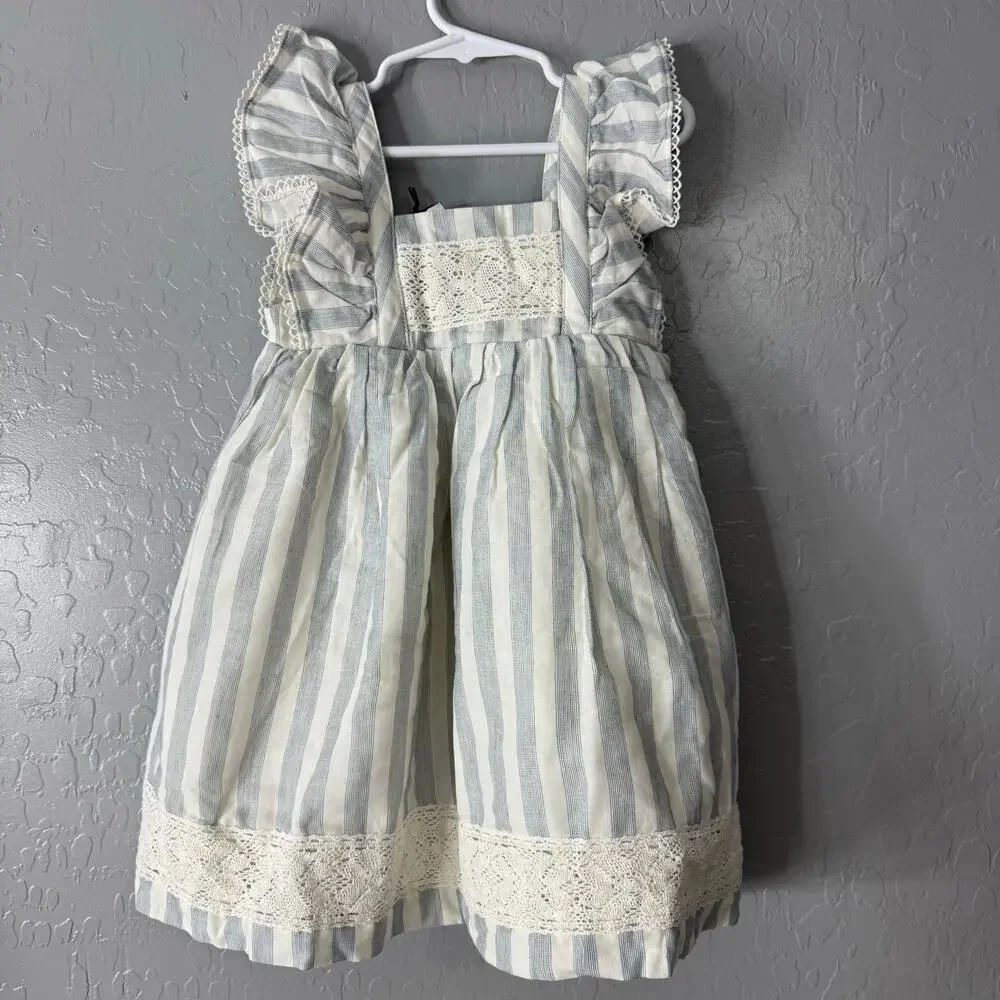 Max Studio Kids Ruffled Sleeves Midi Dress, Blue/Cream, 4T